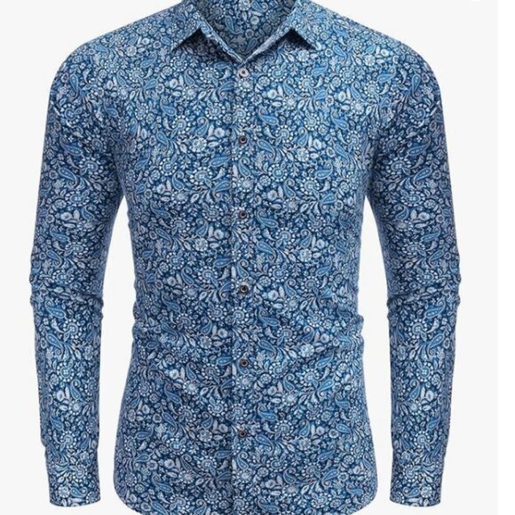 NWT COOFANDY Men's Paisley Cotton Long Sleeve Shirt Floral Print Casual Retro Bu - Picture 4 of 5